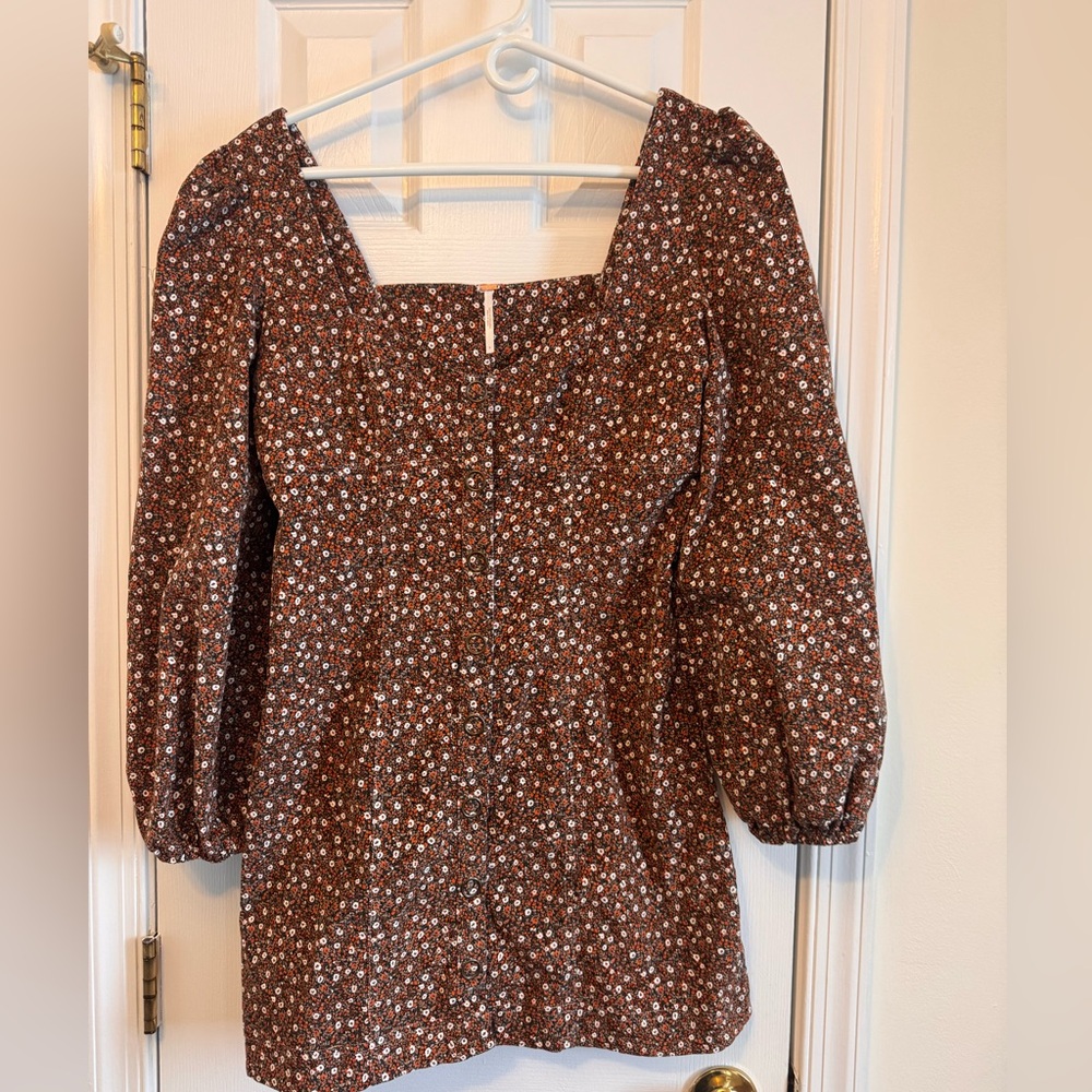 Free People Call Me Cord Mini Dress Floral Puff Sleeve Corduroy Bohemian Boho - Picture 3 of 12